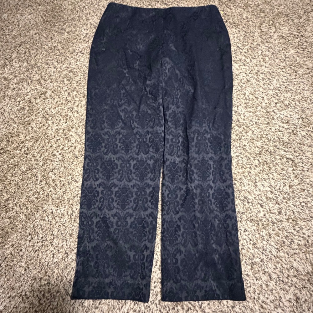 Tahari Navy Blue Damask Brocade Straight Leg Pants Side Zip Size 10 M48RQ203